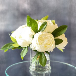 White Peony Arrangement, Artificial Faux Table Centerpiece, Wedding Faux Florals, Rose Silk Flowers Arrangement in Glass Vase by Blue Paris image 7