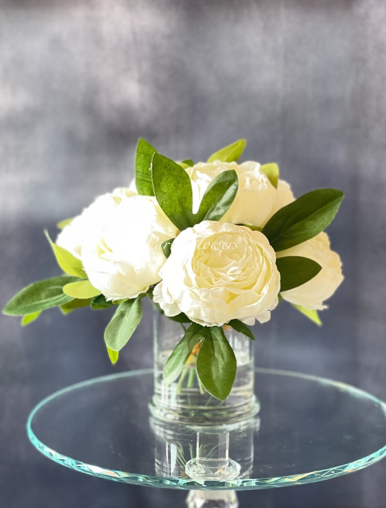 White Peony Arrangement, Artificial Faux Table Centerpiece, Wedding Faux Florals, Rose Silk Flowers Arrangement in Glass Vase by Blue Paris image 7