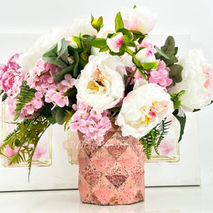 Unique Light Pink Peonies and Hydrangeas Arrangement Artificial Faux Centerpiece, Floral Decor, Silk & Real Touch Flowers in Vase Home Decor