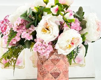Light Pink Peony & Hydrangea Arrangement: Faux Floral Centerpiece