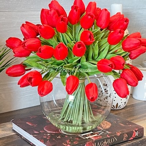 May include: A bouquet of red tulips in a clear glass vase. The vase is sitting on a book with the word "HERM&Egrave;S" printed on the cover.