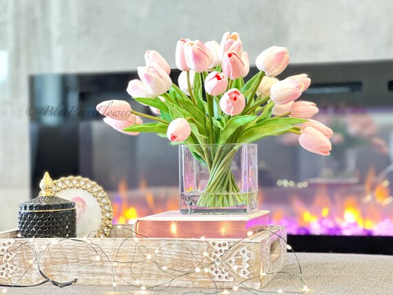 Light Pink Tulips Arrangement: Modern Faux Floral in Glass Vase