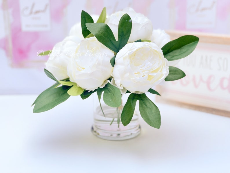 White Peony Arrangement, Artificial Faux Table Centerpiece, Wedding Faux Florals, Rose Silk Flowers Arrangement in Glass Vase by Blue Paris image 1