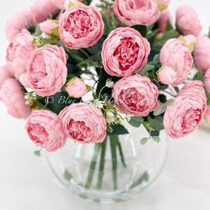 X-Large Sweet Pink Rose Peony Arrangement, Artificial Faux Centerpiece, Silk Flowers in Glass Vase for Home Decor