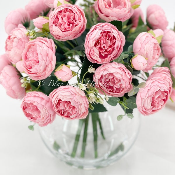 X-Large Pink Rose Peony Arrangement: Faux Silk Centerpiece in Glass Vase
