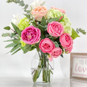 Faux Flower Arrangement, Peonies, Roses, Greens in Vase, Floral Decor Real Touch Centerpiece, Faux Artificial Flowers Silk Arrangement Pink image 3