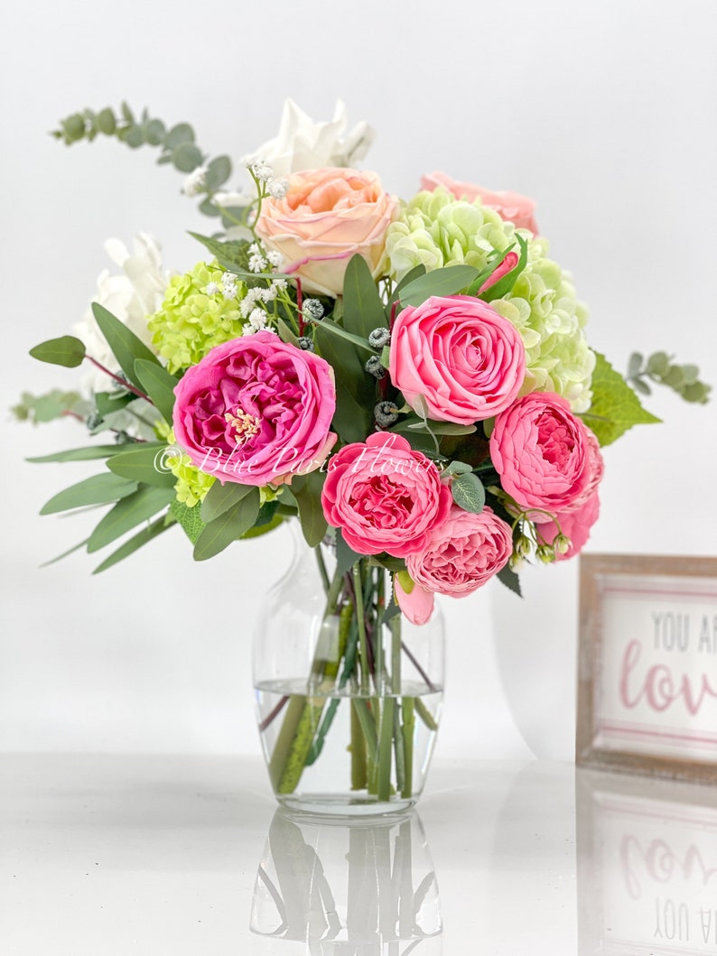 Faux Flower Arrangement, Peonies, Roses, Greens in Vase, Floral Decor Real Touch Centerpiece, Faux Artificial Flowers Silk Arrangement Pink image 3