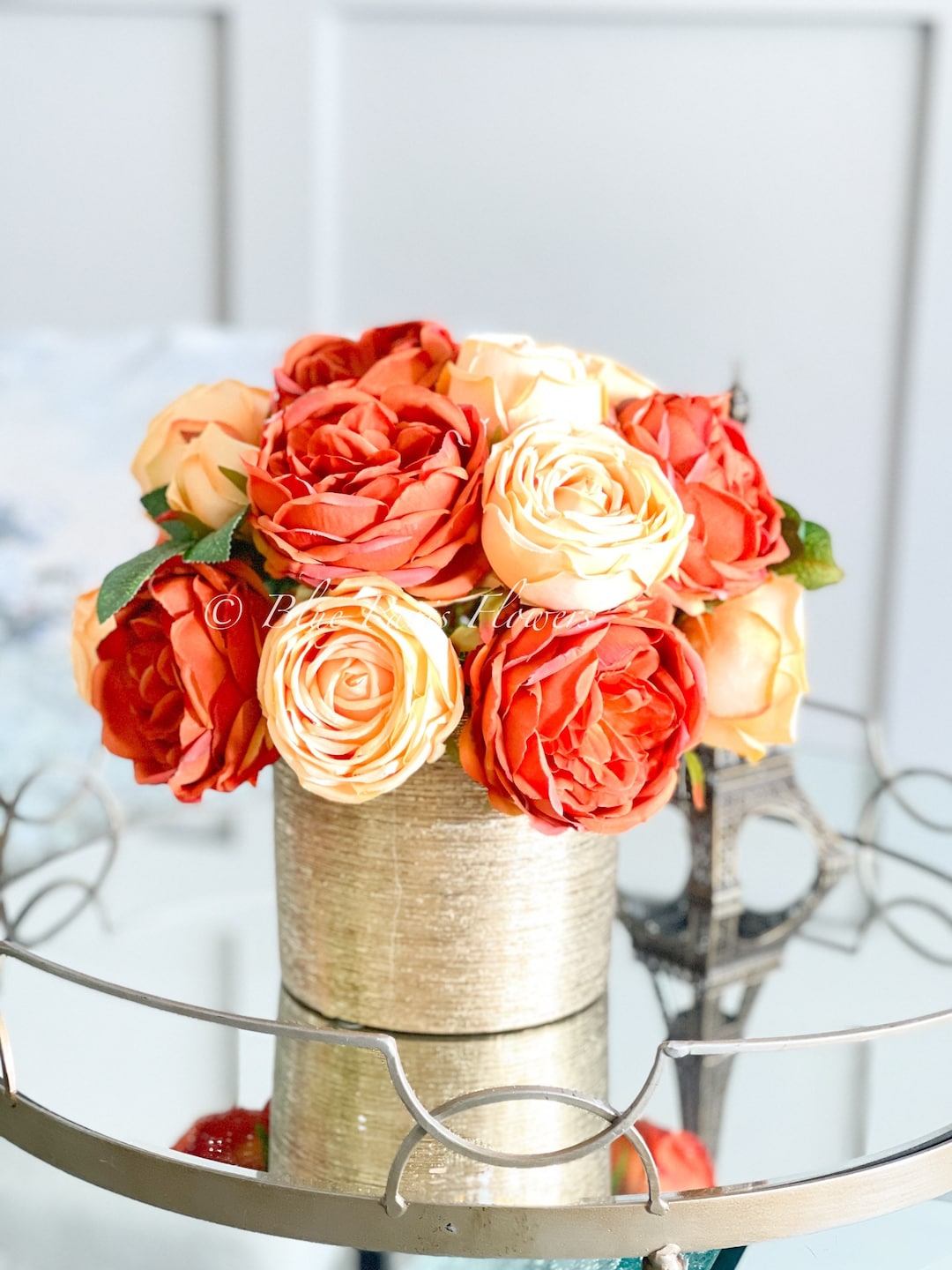 Austin Roses in Gold Vase, Floral Decor Centerpiece, Faux Florals