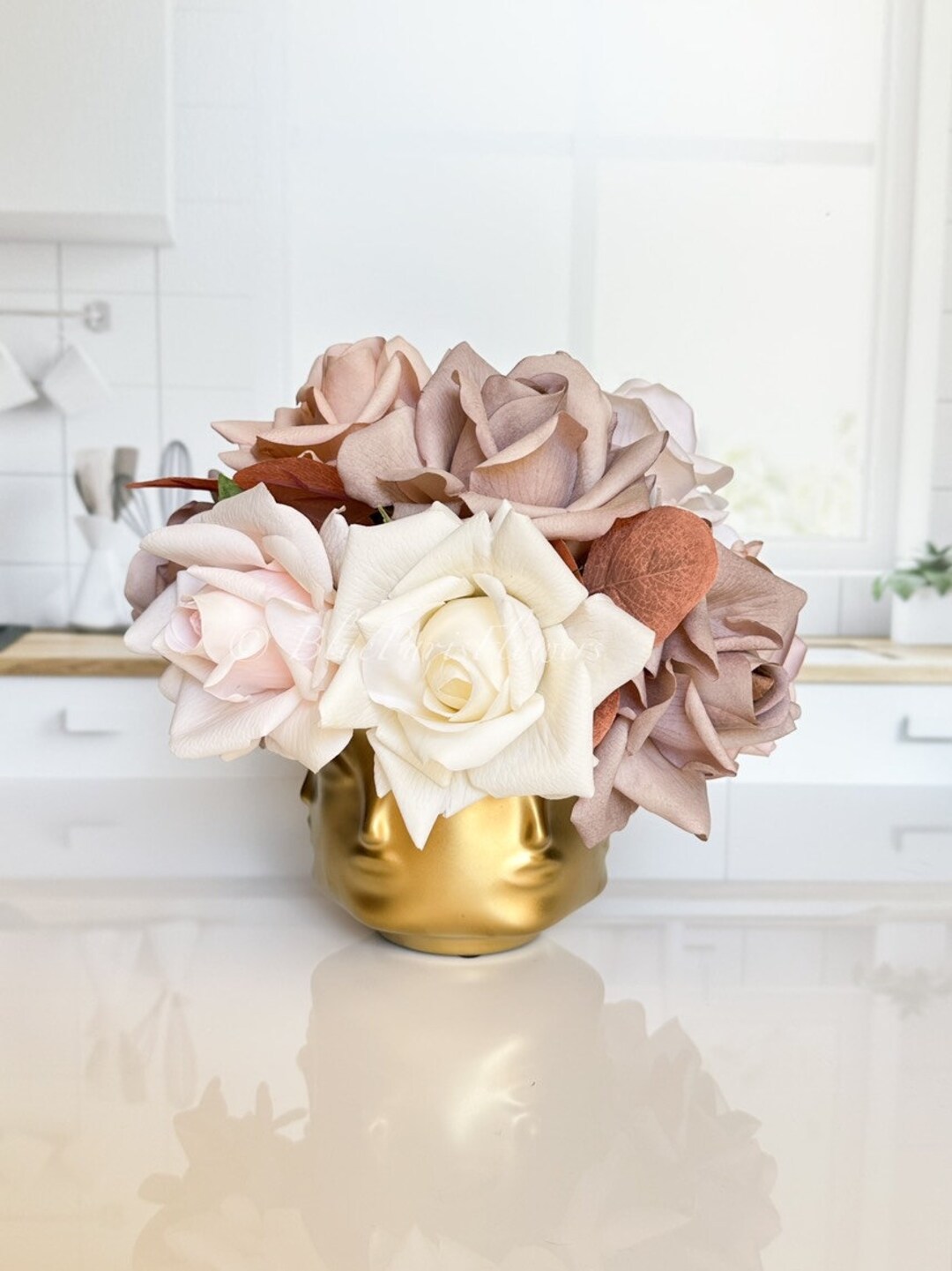 Real Touch Roses Arrangement in Vase, French Country Style Artificial