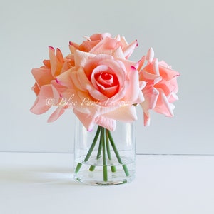 Real Touch Pink Roses Arrangement in Vase, French Country Artificial Flowers Faux Floral Home Decor Realistic Floral Arrangement Blue Paris