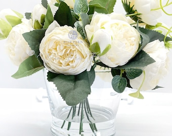 Faux Rose Peony Arrangement: Silk Flower Centerpiece in Glass Vase