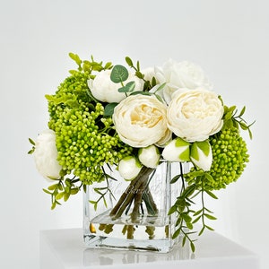 White Peonies and Green/White Real Touch Rose, Berries, Arrangement Artificial Faux Centerpiece, French Floral Flowers in Vase Home Decor image 5