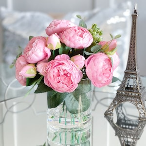 Pink Rose & Peony Faux Floral Arrangement in Glass Vase