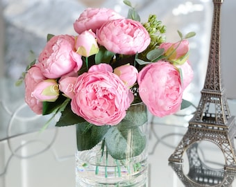 Pink Rose & Peony Faux Floral Arrangement in Glass Vase