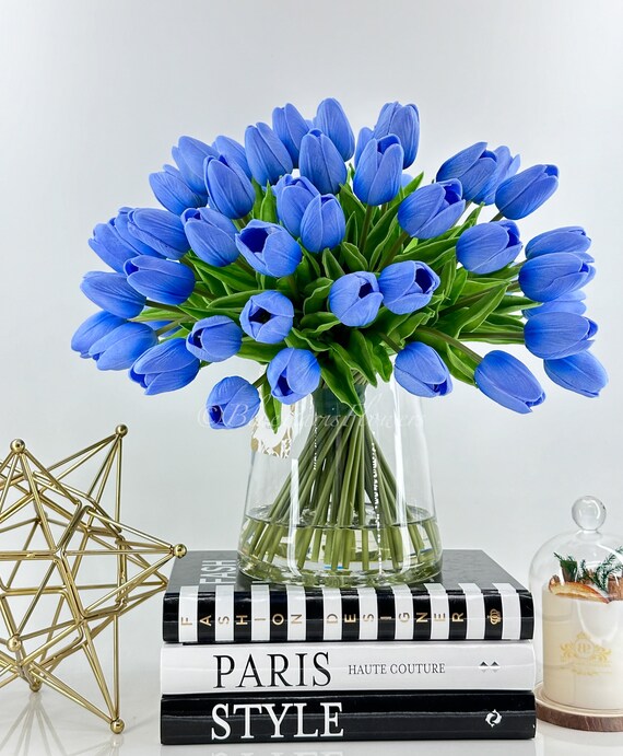 Mandy's 20 Tulipani Artificiali Blu Reale: Steli In Poliuretano Flessibili, 34,9 Cm, Decorazione