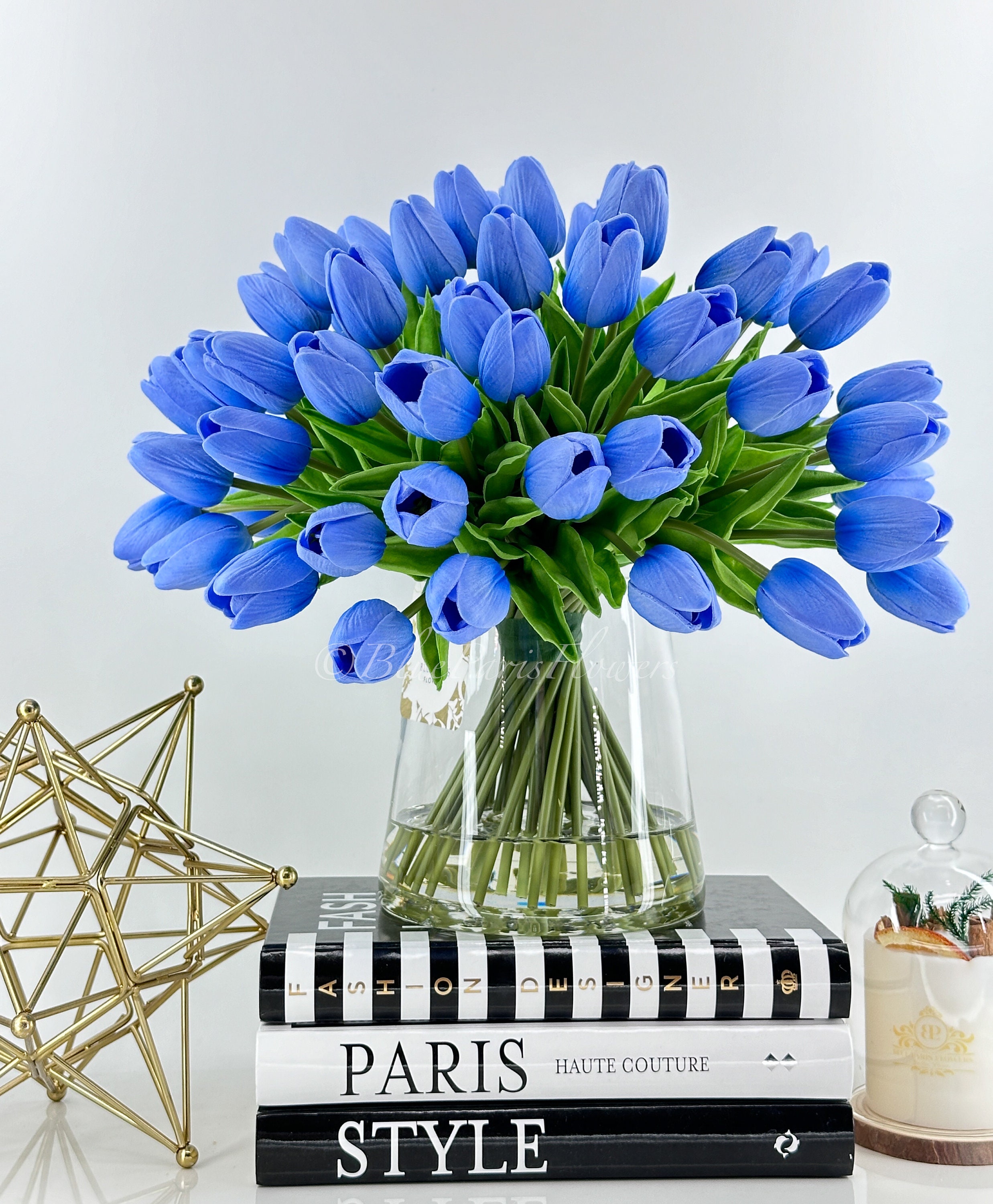 12 Tulipani Blu Vintage Finti In Seta Con Bordo Bruciato, 37 Cm, Bouquet Artificiale Per Casa Matrimonio