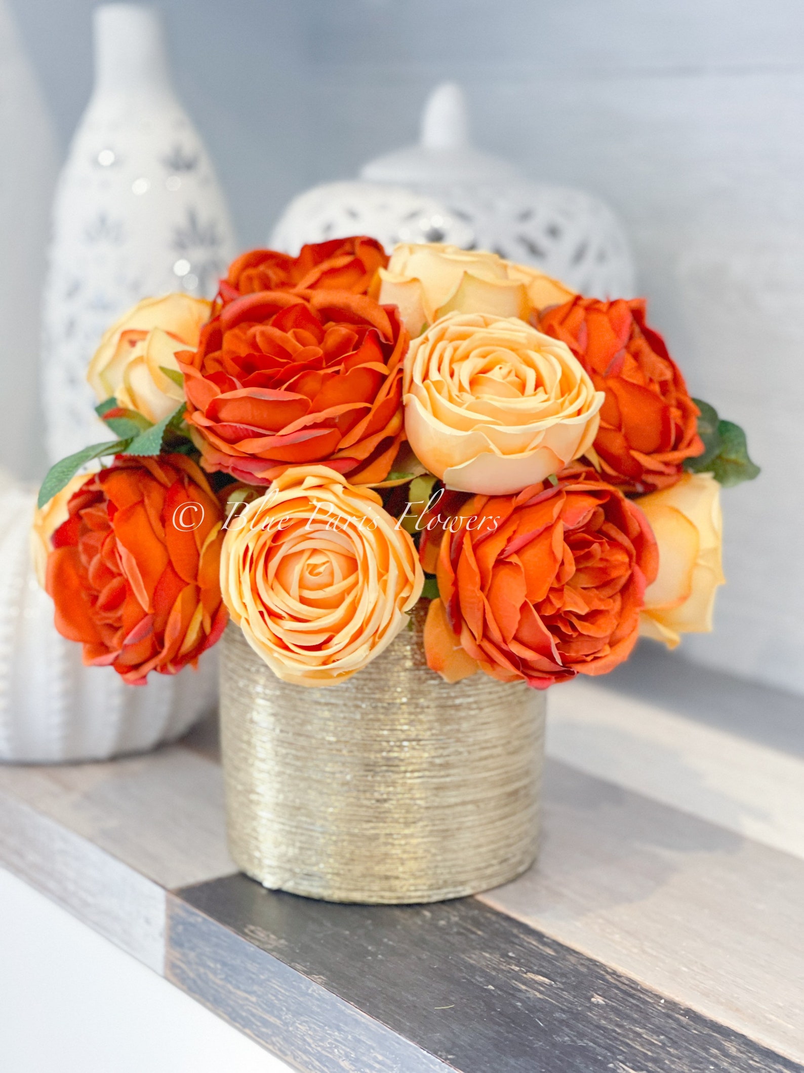 Austin Roses in Gold Vase Floral Decor Centerpiece Faux Etsy