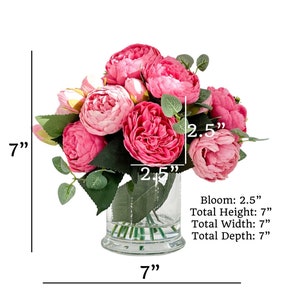 Pink Rose Peony Arrangement, Artificial Faux Table Centerpiece, Faux Florals, Silk Flowers Arrangement in Glass Vase by Blue Paris image 3
