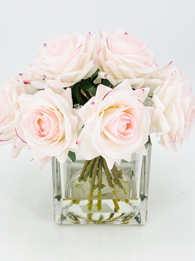 May include: A bouquet of pale pink roses with red edges on the petals, arranged in a clear glass cube vase.