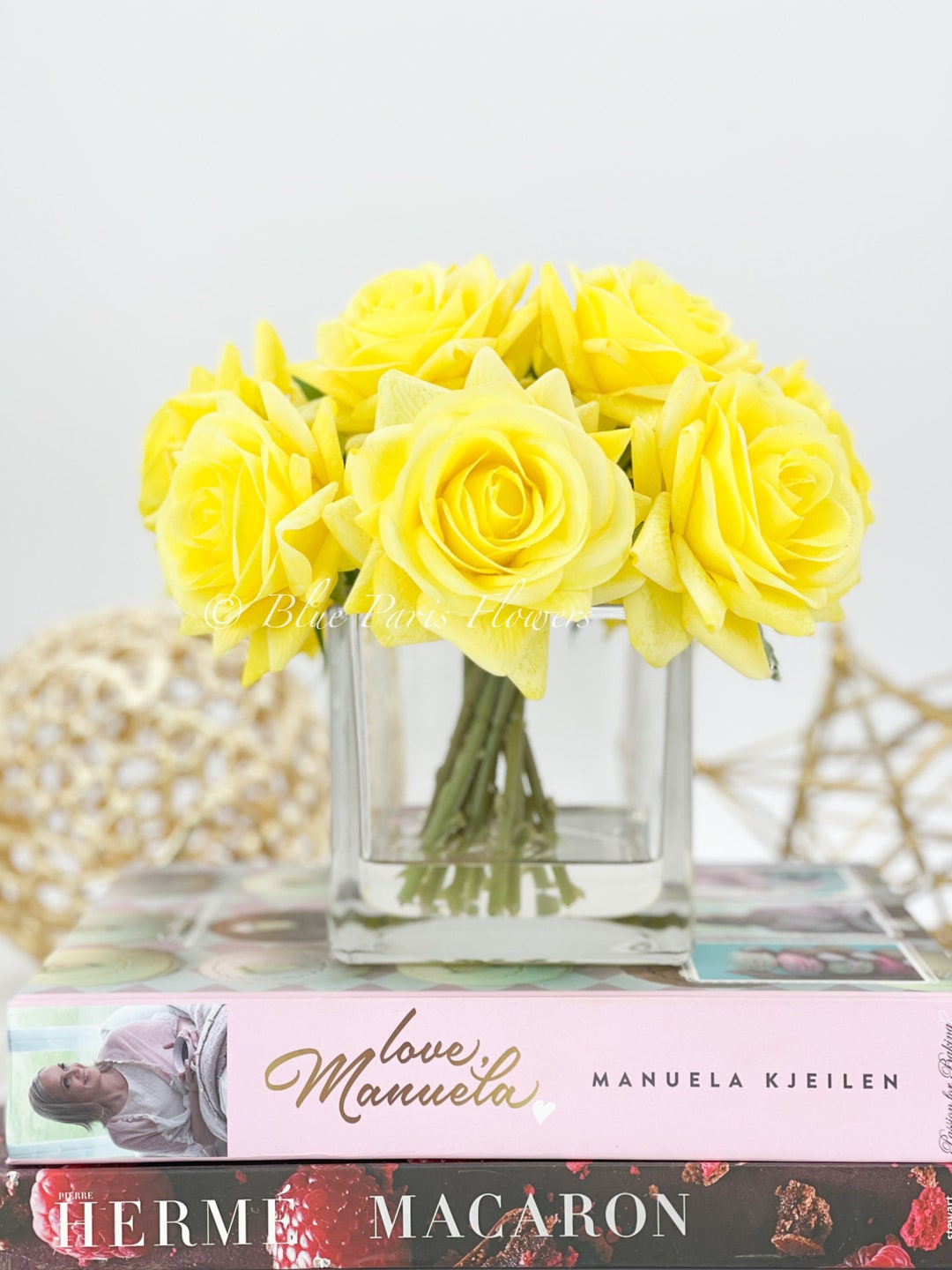 Real Touch Yellow Roses Arrangement in Vase, French Country Artificial