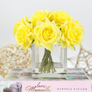 Real Touch Yellow Roses Arrangement in Vase, French Country Artificial Flowers, Faux Floral Home Decor, Realistic Floral Arrangement