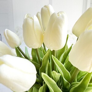 May include: A bouquet of white tulips with green leaves. The tulips are arranged in a vase, and the leaves are spread out around the tulips.