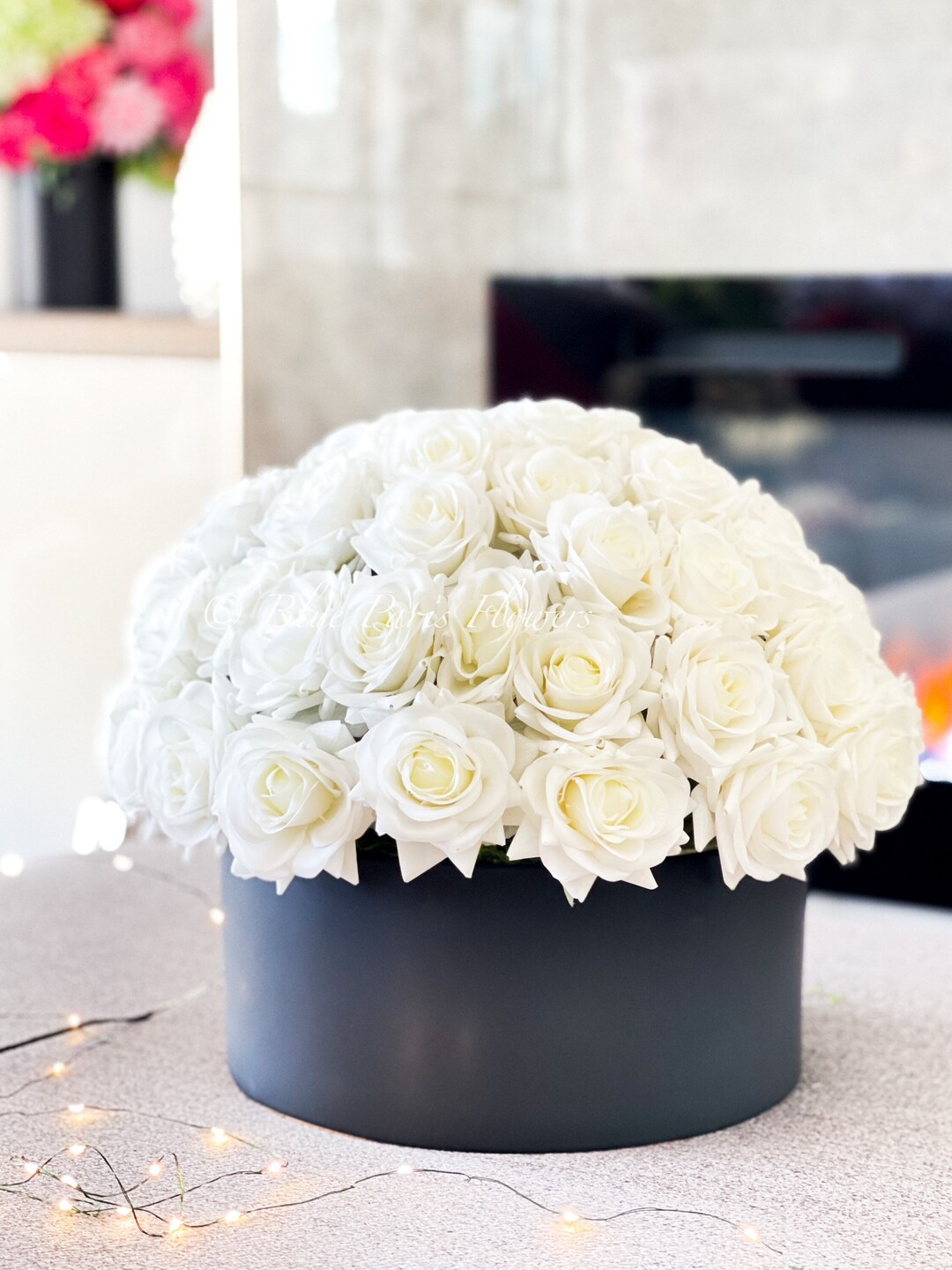 60 Real Touch White Roses in Black Vase, French Country Artificial