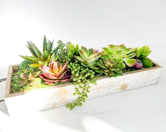 20” Long Succulents in Wood Base, Faux Artificial Greens Succulents Plants Table Centerpiece Floral Decor Centerpiece Faux Florals