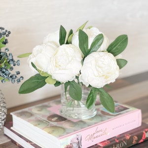 White Peony Arrangement, Artificial Faux Table Centerpiece, Wedding Faux Florals, Rose Silk Flowers Arrangement in Glass Vase by Blue Paris image 5