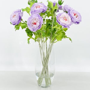 Purple Ranunculus | Modern Arrangement Centerpiece| Silk Floral | Artificial Faux Forever Flowers in Glass Vase | Faux Flowers Vase Purple
