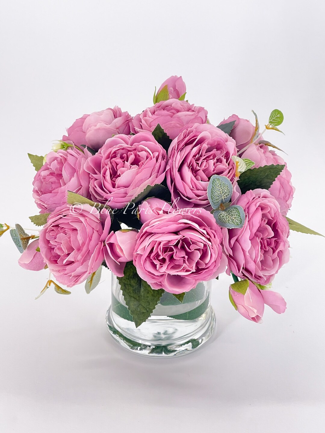 Candy Magenta Pink Rose Peony Arrangement, Artificial Faux Centerpiece