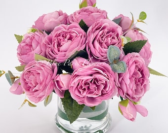 Magenta Rose Peony Arrangement: Faux Floral Centerpiece in Glass Vase