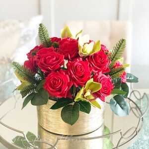 Christmas Real Touch Red Roses Arrangement-Gold Vase- Floral Decor Centerpiece- Artificial Flowers Silk Arrangement-Fake Flowers Home Decor