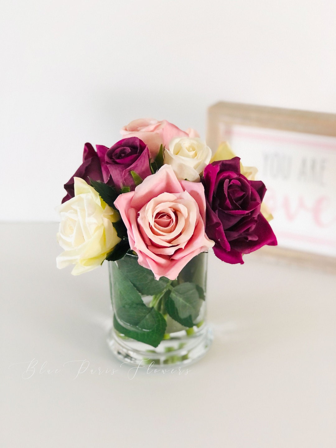 Pink and Burgundy White Arrangement Artificial Faux Flowers in Glass ...