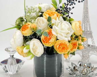Faux Rose Peony Arrangement: Modern French Floral Centerpiece in Glass Vase