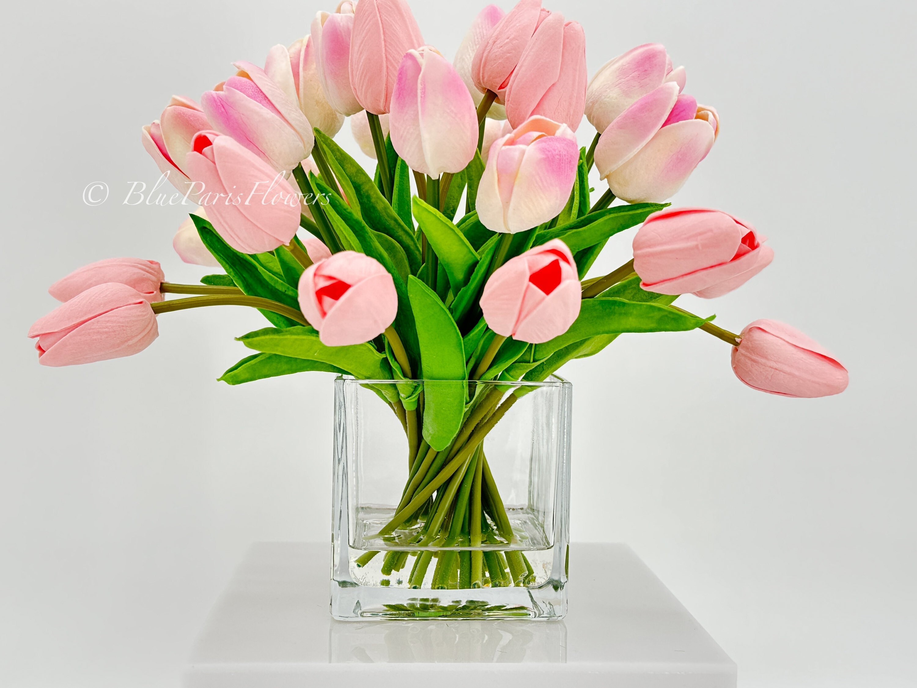 Light Pink Tulips Arrangement: Modern Faux Floral in Glass Vase - Etsy
