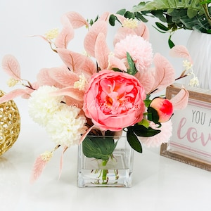 Pink Real Touch Peony, Pink Eucalyptus Leaves Arrangement Artificial Faux Centerpiece, Faux Floral Flowers in Vase Home Decor Birthday Gift