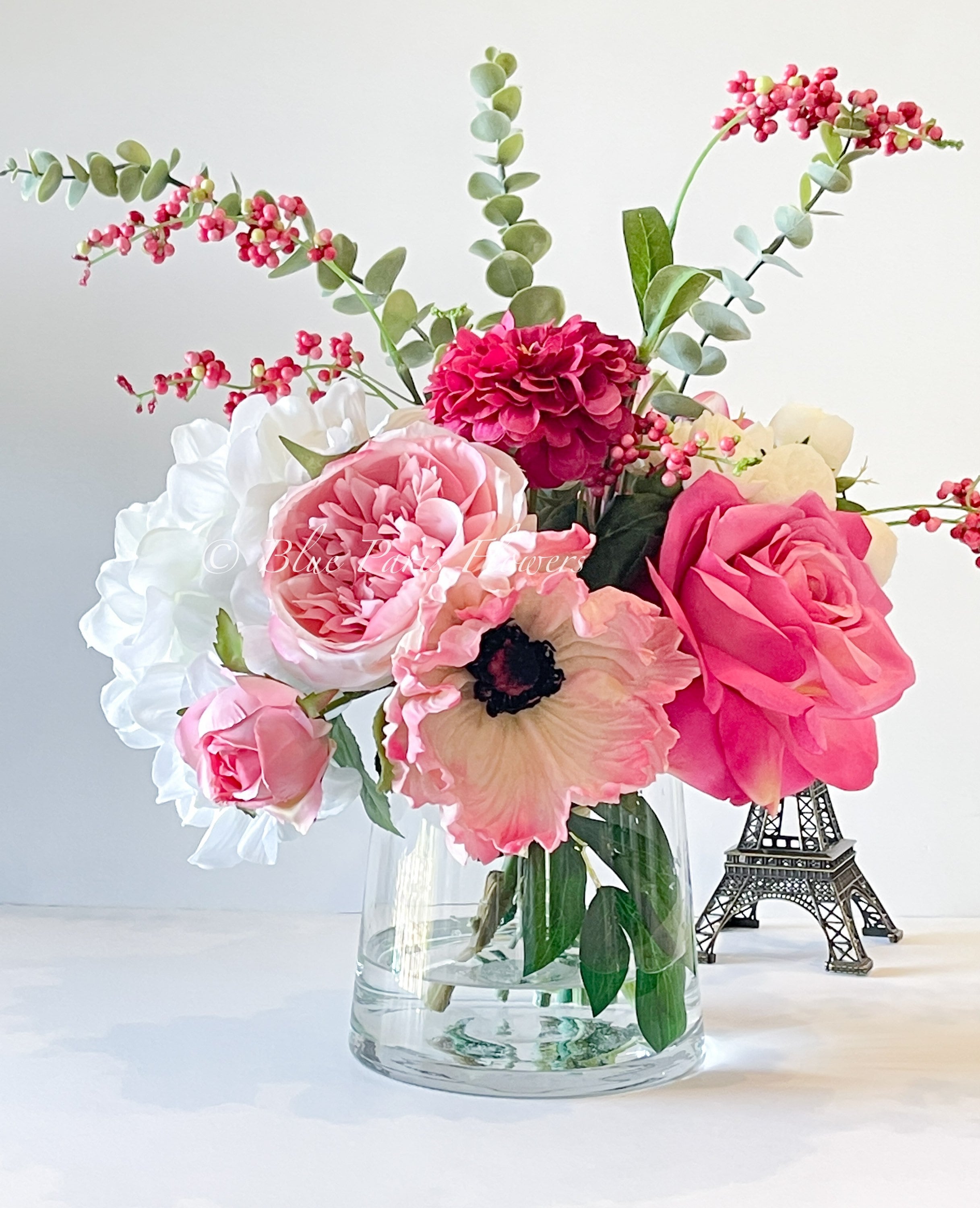 Pink Peonies, Roses, Poppies and Hydrangeas Arrangement Artificial Faux  Centerpiece, Floral Decor, Silk & Real Touch Flowers Vase Home Decor 