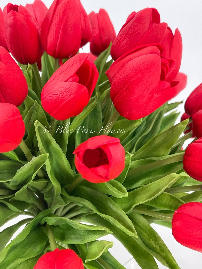 May include: A bouquet of red artificial tulips with green leaves. The tulips are arranged in a vase, and the leaves are spread out around the tulips.