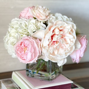 Premium Real Touch, Light Pink & White Roses, Hydrangeas, Blush Peonies, Faux Flower Arrangement, Centerpiece, French Floral Home Decor