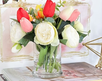 Faux Peony & Tulip Arrangement: Real Touch Floral Mittelstück