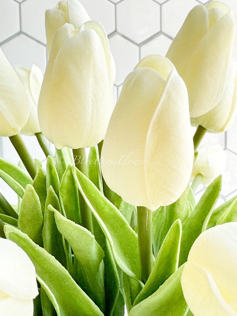 May include: A bouquet of cream-colored artificial tulips with green stems and leaves.