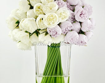 Faux Lavender & White Peony Arrangement: Silk Flowers in Glass Vase