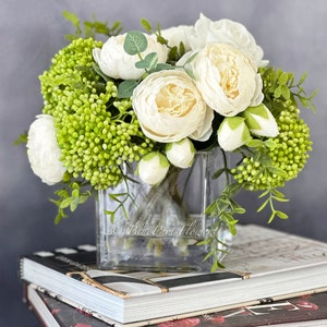 White Peonies and Green/White Real Touch Rose, Berries, Arrangement Artificial Faux Centerpiece, French Floral Flowers in Vase Home Decor image 8