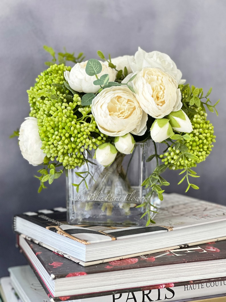 White Peonies and Green/White Real Touch Rose, Berries, Arrangement Artificial Faux Centerpiece, French Floral Flowers in Vase Home Decor image 8