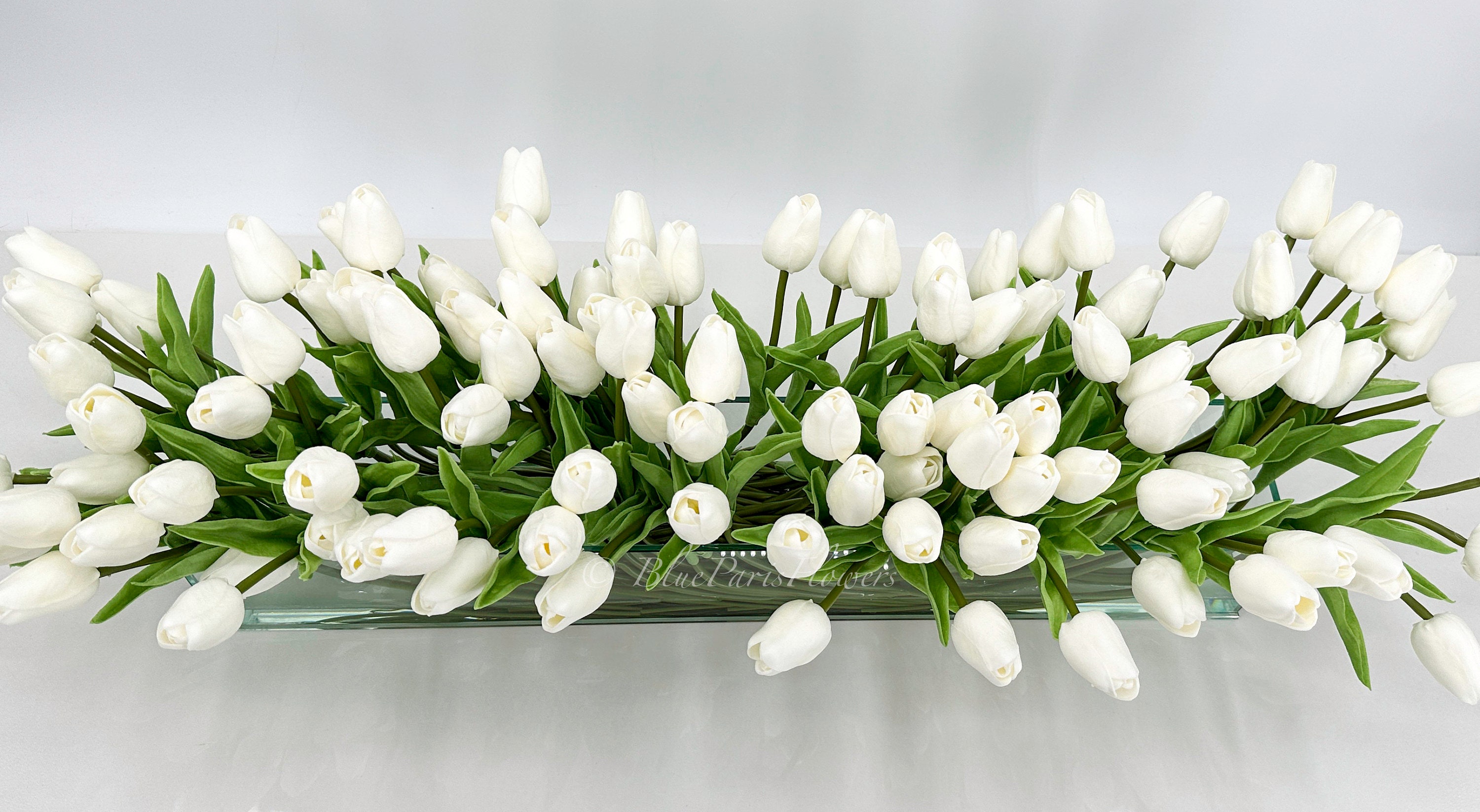 ENOVA FLORAL 20 Tulipani Bianchi Artificiali Al Tocco Reale In Vaso Con Acqua Finta - Composizione Floreale Realistica Per Casa E Matrimoni