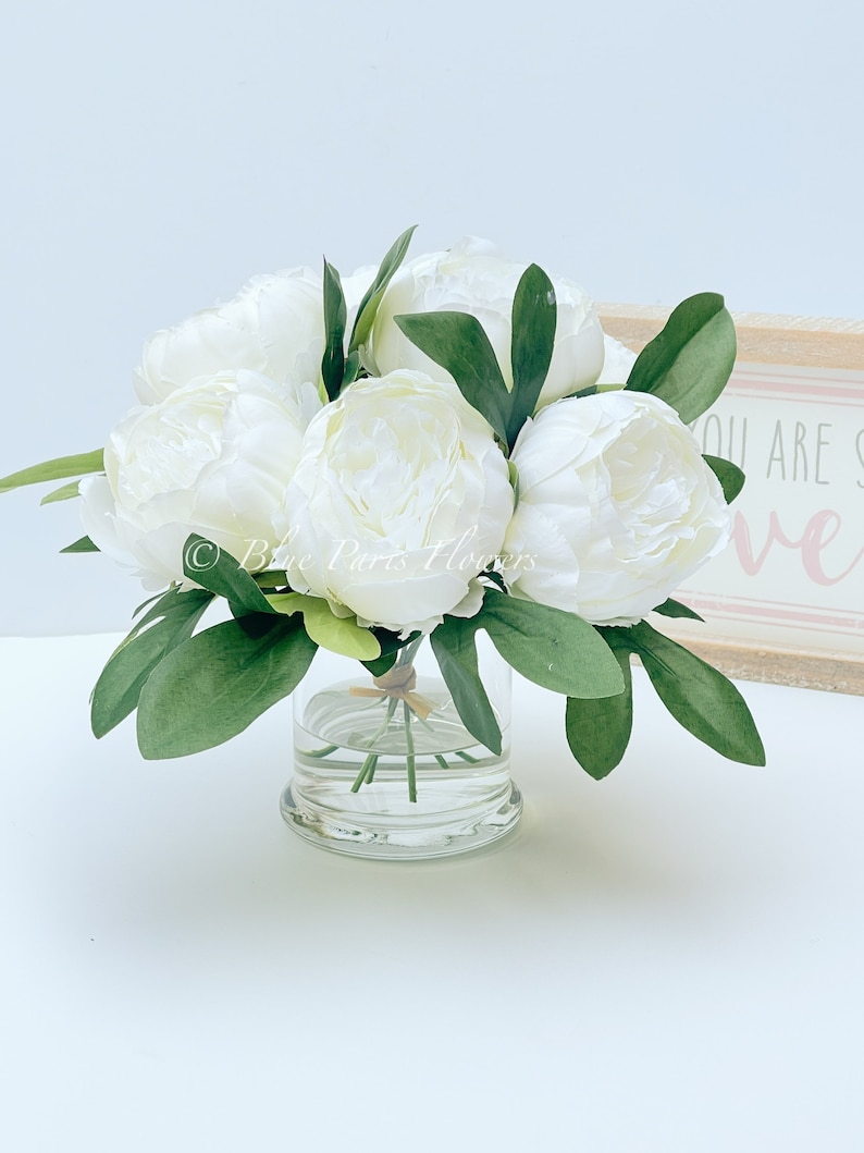 White Peony Arrangement, Artificial Faux Table Centerpiece, Wedding Faux Florals, Rose Silk Flowers Arrangement in Glass Vase by Blue Paris image 4