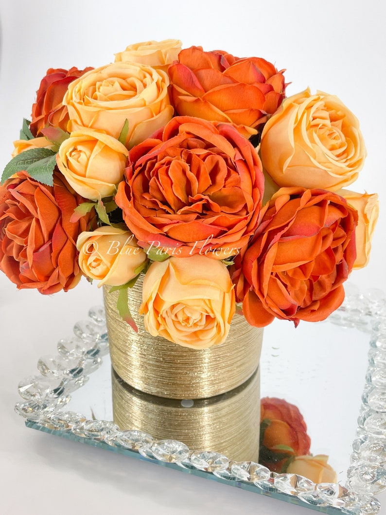 Austin Roses in Gold Vase Floral Decor Centerpiece Faux Etsy