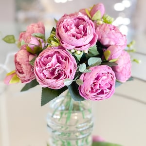 Magenta Rose Peony Arrangement: Faux Floral Centerpiece in Glass Vase