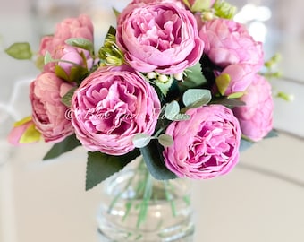 Magenta Rose Peony Arrangement: Faux Floral Centerpiece in Glass Vase